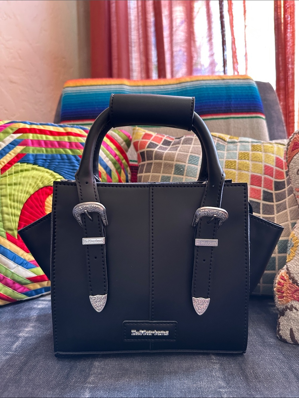 Dr. Martens Black Leather Crossbody Satchel with Silver Buckle Accents
